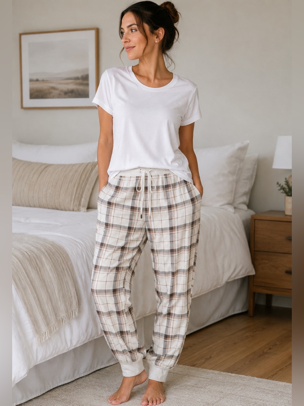 💙 ARDENE White Cream and Brown Pajama Pants with Relaxed Fit (Ultra Soft)